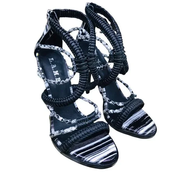 L.A.M.B Zebra Vine Black and White Strappy Leather Heels Sandals Size 8.5 - Picture 9 of 15